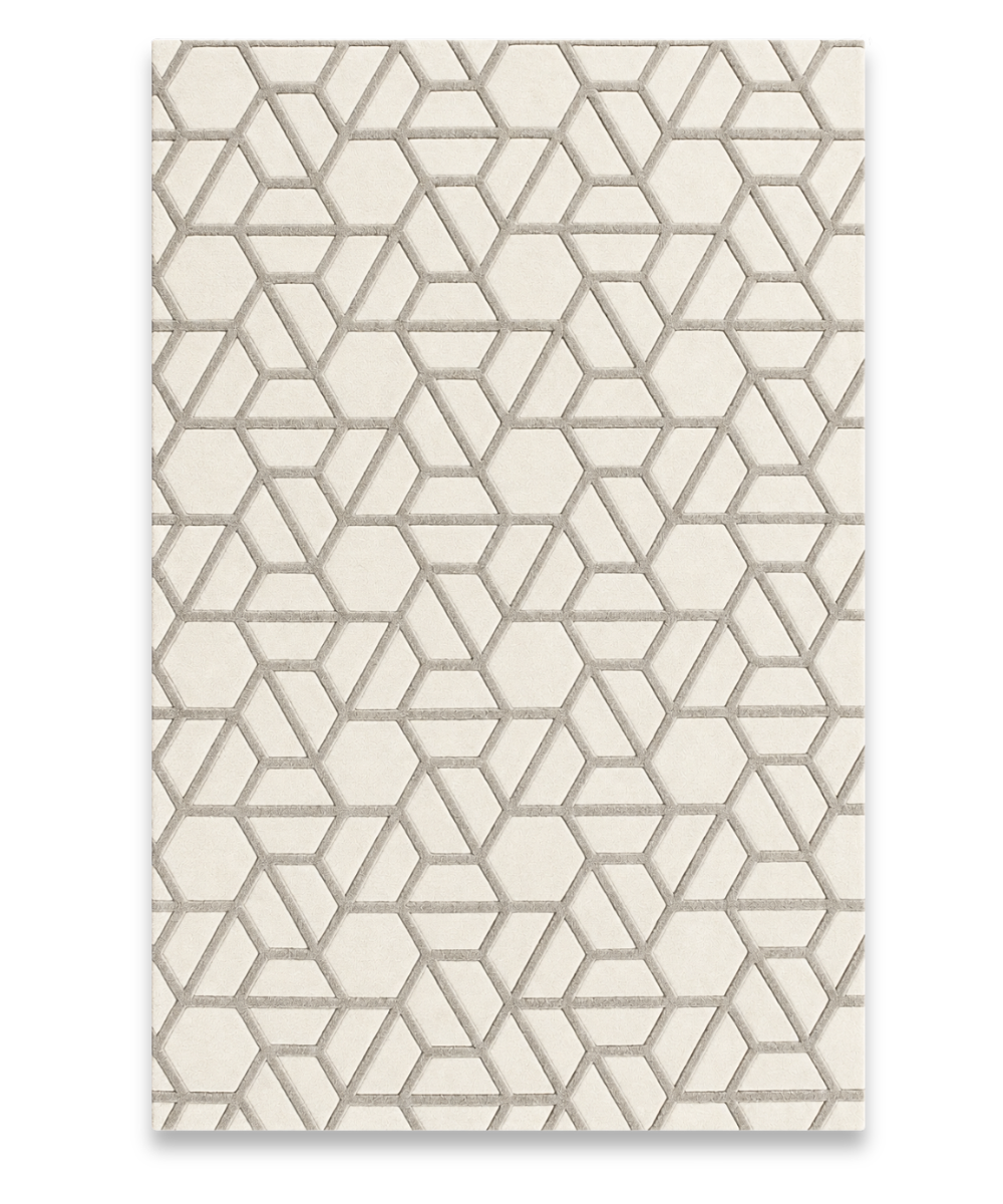 Mesh hand tufted New Zealand wool carpet with pale grey hexagon lattice on ivory