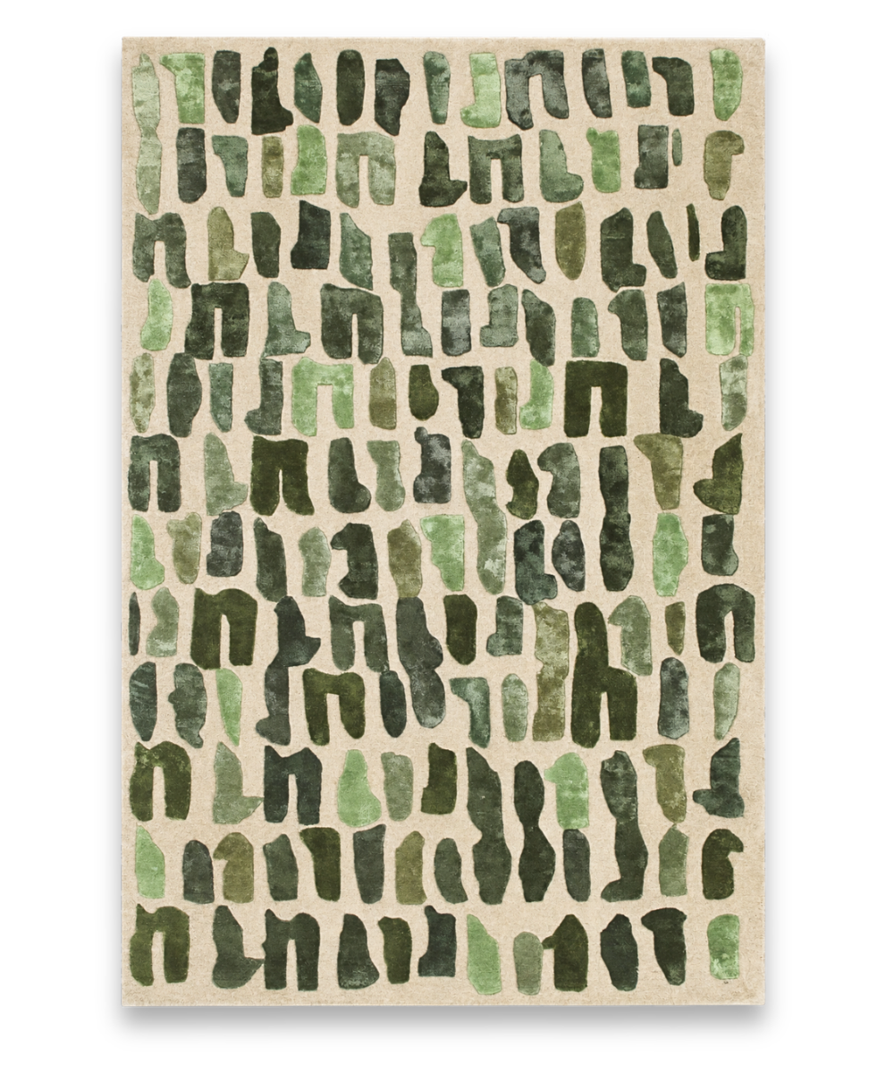 Metapod hand tufted wool and bamboo silk carpet with green marks on cream