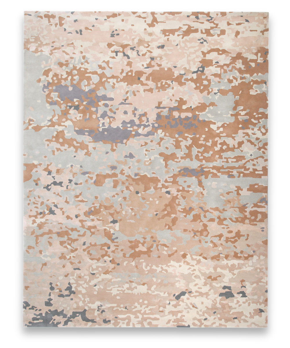 Pastel hand tufted wool carpet with blush, apricot and blue-grey wash