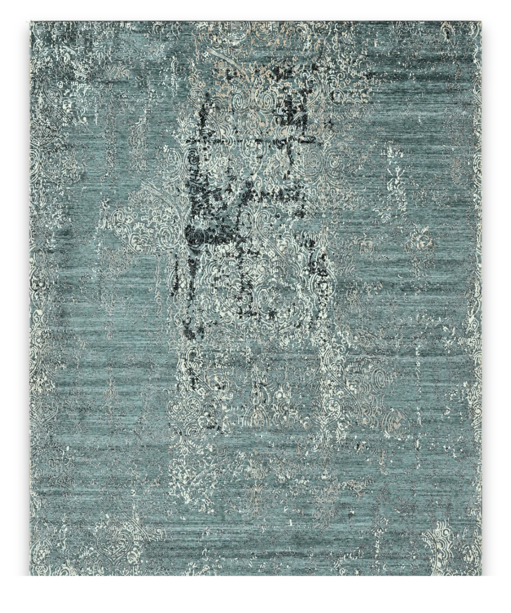 Quarry hand knotted New Zealand wool and viscose carpet in teal and ivory