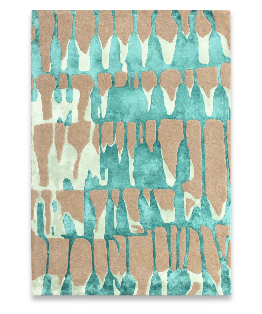 Reef hand tufted wool and bamboo silk carpet with beige forms on turquoise