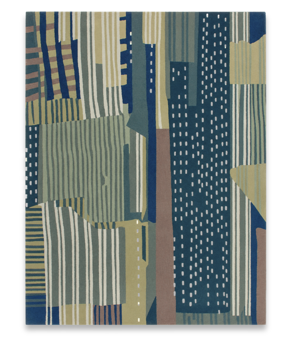Seam hand tufted wool carpet with striped panels in navy, teal and sage