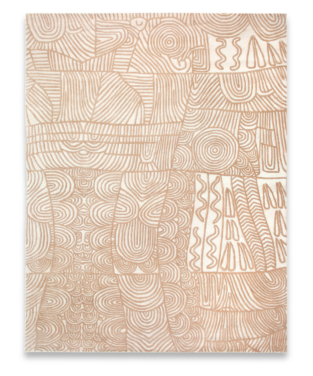 Sketch hand tufted wool and bamboo silk carpet with terracotta line drawings on ivory
