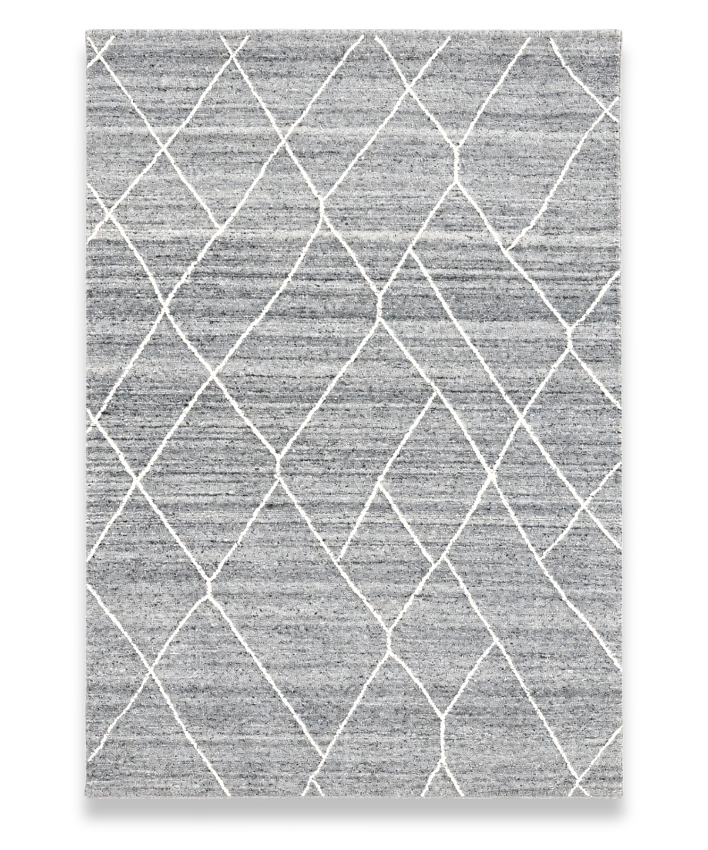 Slate hand tufted handspun wool carpet with an ivory diamond trellis on charcoal grey