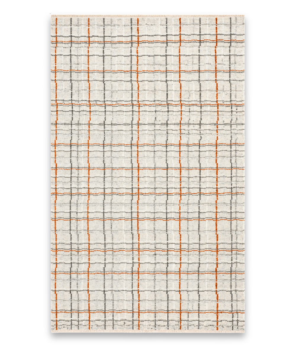 Tartan hand knotted New Zealand wool and viscose carpet in ivory, grey and orange