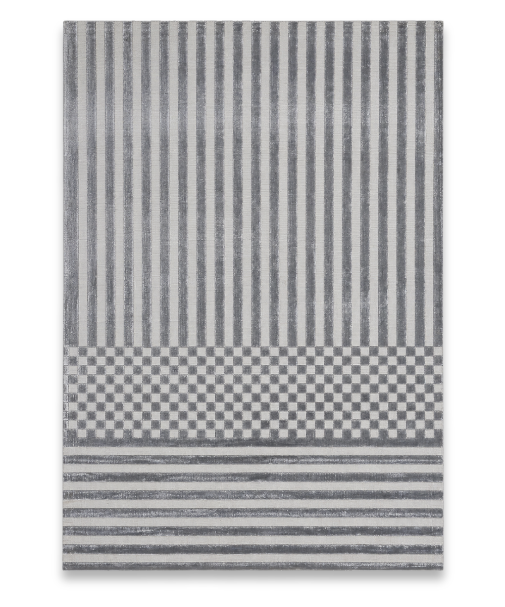 Tweed hand tufted bamboo silk carpet with stripes and checks in grey