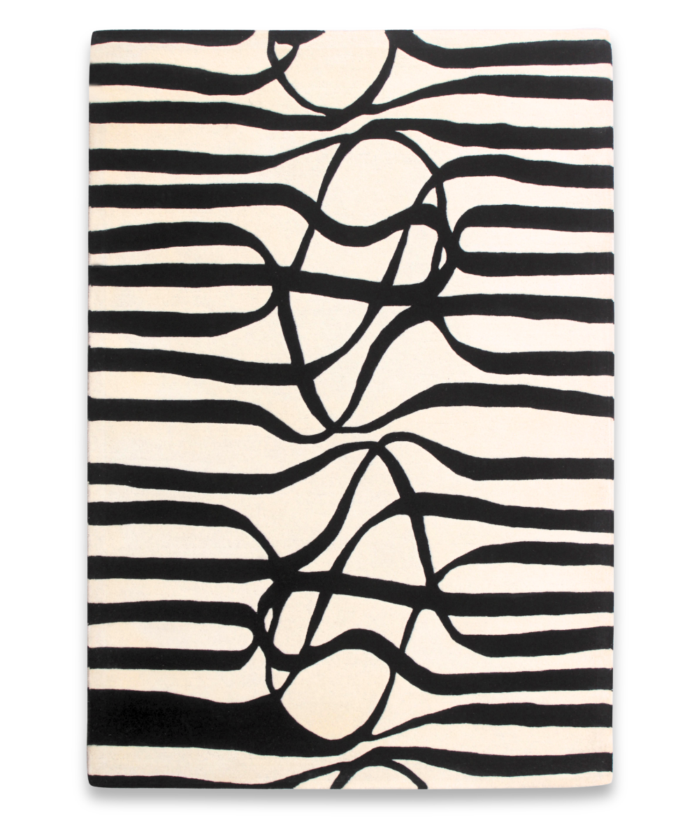Warp hand tufted wool carpet with bending black and ivory stripes